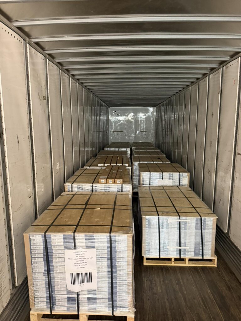 Truckload of flooring pallets ready for delivery from 1800LVP's warehouse