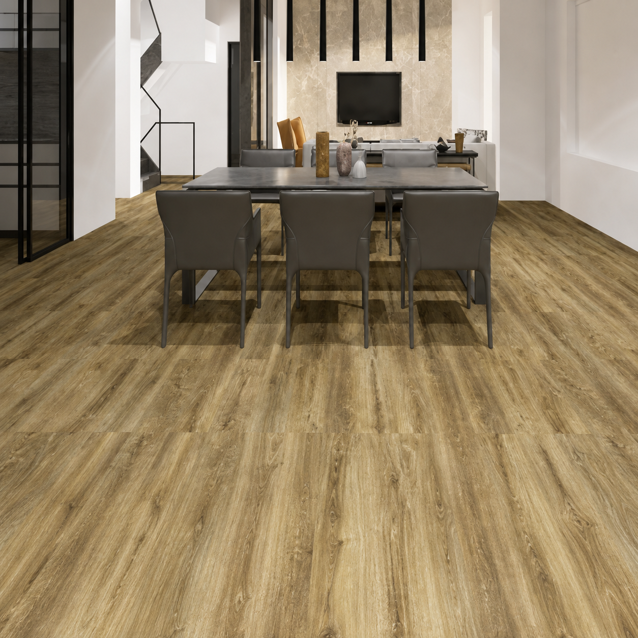 LifePlank Cascadia — Waterproof SPC luxury vinyl tile flooring in a modern kitchen and dining area
