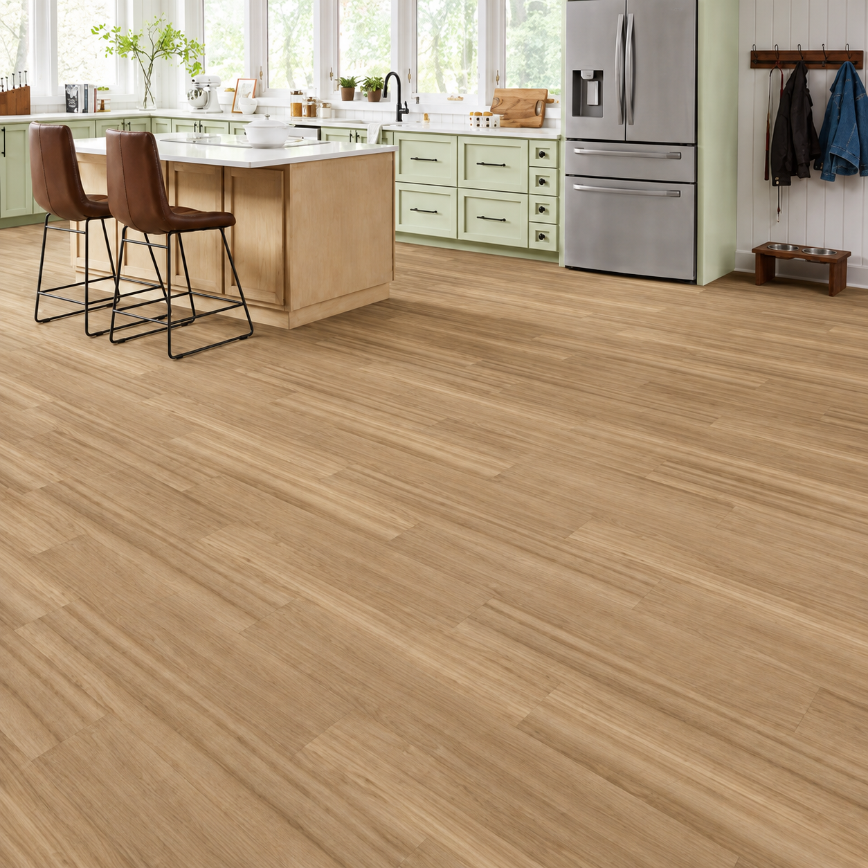 Lifeproof Overlook Slate waterproof SPC luxury vinyl tile flooring in a modern kitchen and dining area