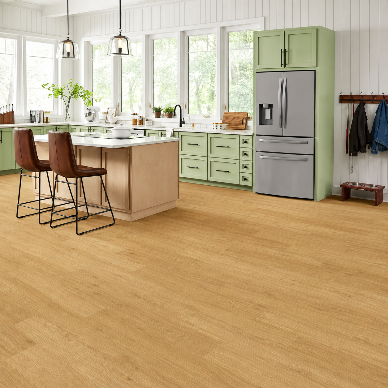 Lifeproof Overlook Slate waterproof SPC luxury vinyl tile flooring in a modern kitchen and dining area